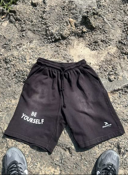 Black "Be Yourself" Washed Shorts