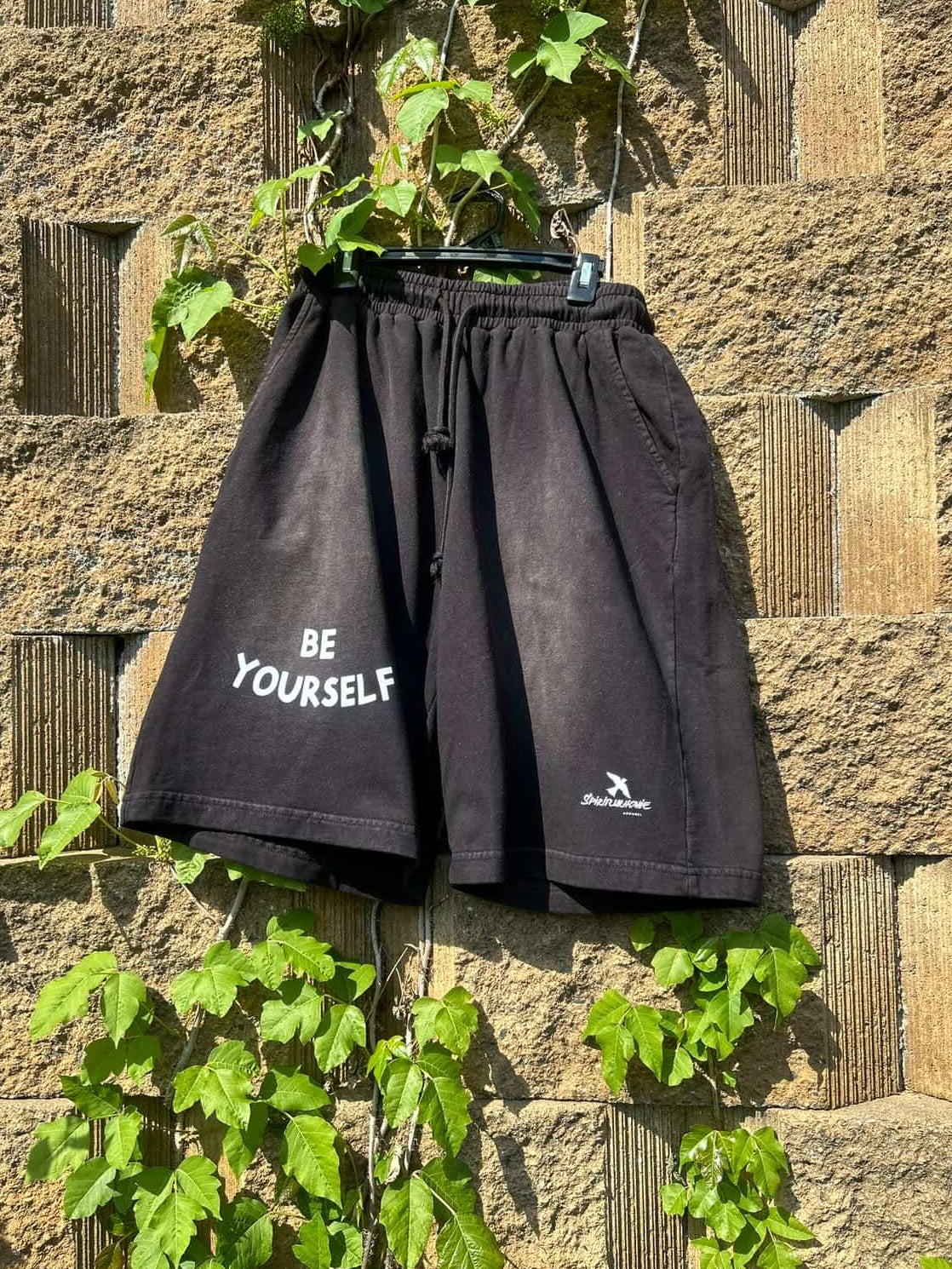 Black "Be Yourself" Washed Shorts